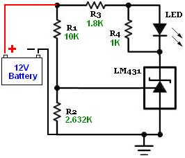 12V Battery monitor with TL431 set to 12.0V