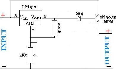 Hight current power supply with LM317T and an NPN power transistor