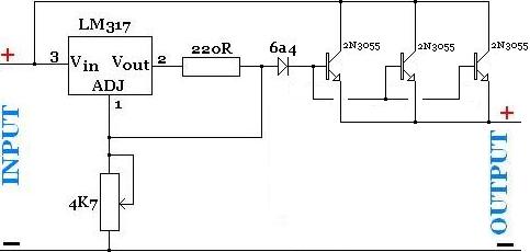 Adjustable high power supply with LM317 voltage regulator and NPN power transistors