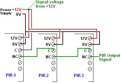 Connect three PIR sensors to each other in series to generate one output signal