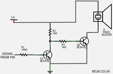 Circuit to control a buzzer with a PIR sensor