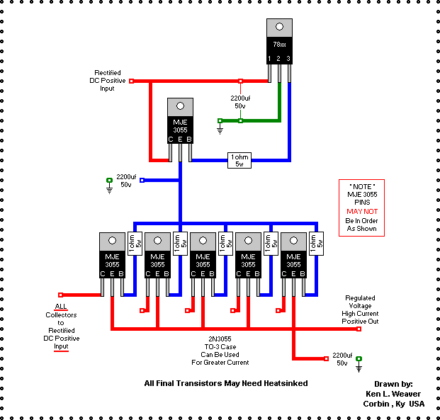High current regulator using 78xx regulator and MJE3055 NPN transistors