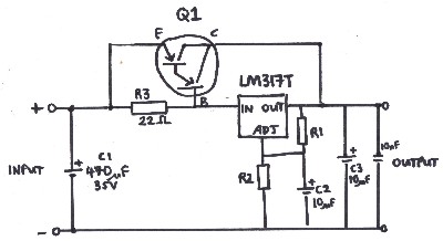 LM317T high current voltage regulator circuit with PNP Pass transistor such as a TIP147