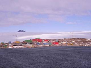 Two wind turbines at Mawson Station in Antarctica