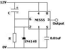 Monostable operation delay on NE555 circuit used to prevent rapid on/off switching of a pump