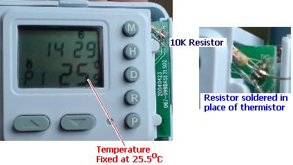 10K resistor soldered in place of the thermostat's thermistor