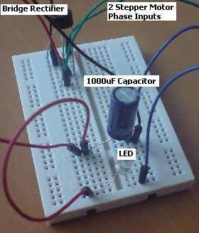 Smoothing capacitor in circuit with stepper motor power generator and bridge rectifier