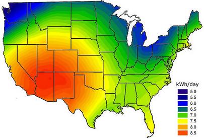 Solar insolation map for USA