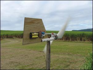 Windmill constructed from a floppy drive stepper motor and used to charge nicad batteries.