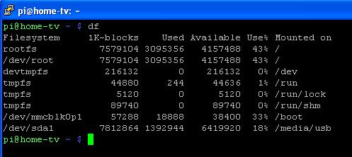 Using df command to check free storage space on Raspberry Pi USB memory
