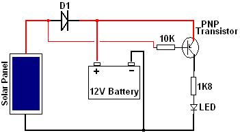 Circuit showing how a solar panel charging a battery can be used as a light detector