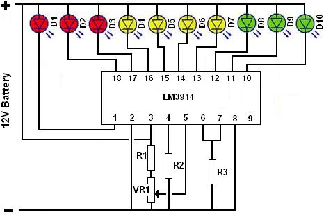 Battery state of charge monitor built using LM3914 dot / bar display