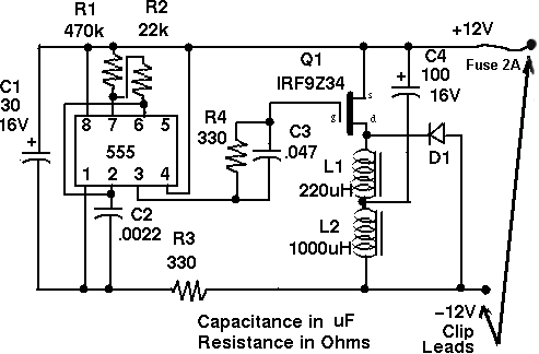 Circuit diagram for a low power 12V lead acid battery desulfator