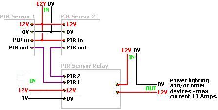Connection diagram for double PIR sensor relay circuit