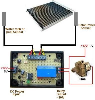 Connection diagram for solar water heating pump controller for swimming pools with waterproof temperature sensors