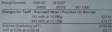 Electricity bill tariffs