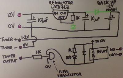 Circuit diagram for a relay controlled by a converted mains powered programmable timer