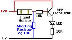 Using a liquid sensor with a transistor, and adding a resistor to short out the internal capacitor