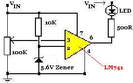 Low battery warning circuit for 12 Volt battery using an LM741 op-amp chip