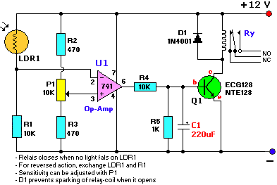 LM741 Light/Dark Sensor Circuit Schematic Diagram