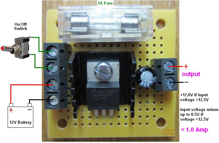 Connection diagram for miniature version of REUK 12 Volt regulator with fuse and switch terminals