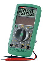 Digital multimeter used to measure battery status in a renewable energy system.