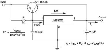 Power transistor used with an LM78XX voltage regulator for high currents
