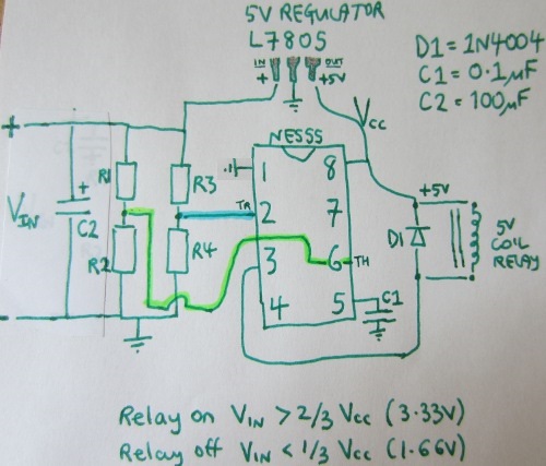 Schematic for NE555 low voltage disconnect circuit