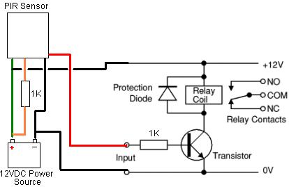 Wiring diagram for the additional electronics for an external PIR sensor modified for low voltage 12VDC operation