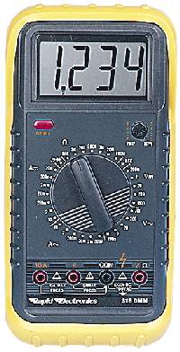 MULTIMETER. Digital high-accuracy LCD Multimeter with rubber holster, built in stand, test leads, battery, and instruction manual