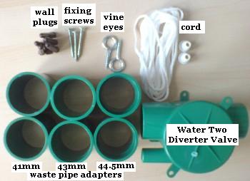 WATER TWO. Greywater recycling valve kit with 41, 43, and 44.5mm waste pipe adapters