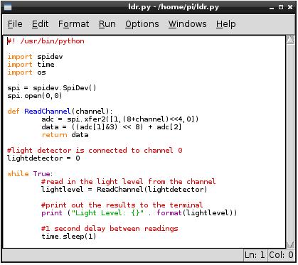 Python code for raspberry pi analogue light detector input